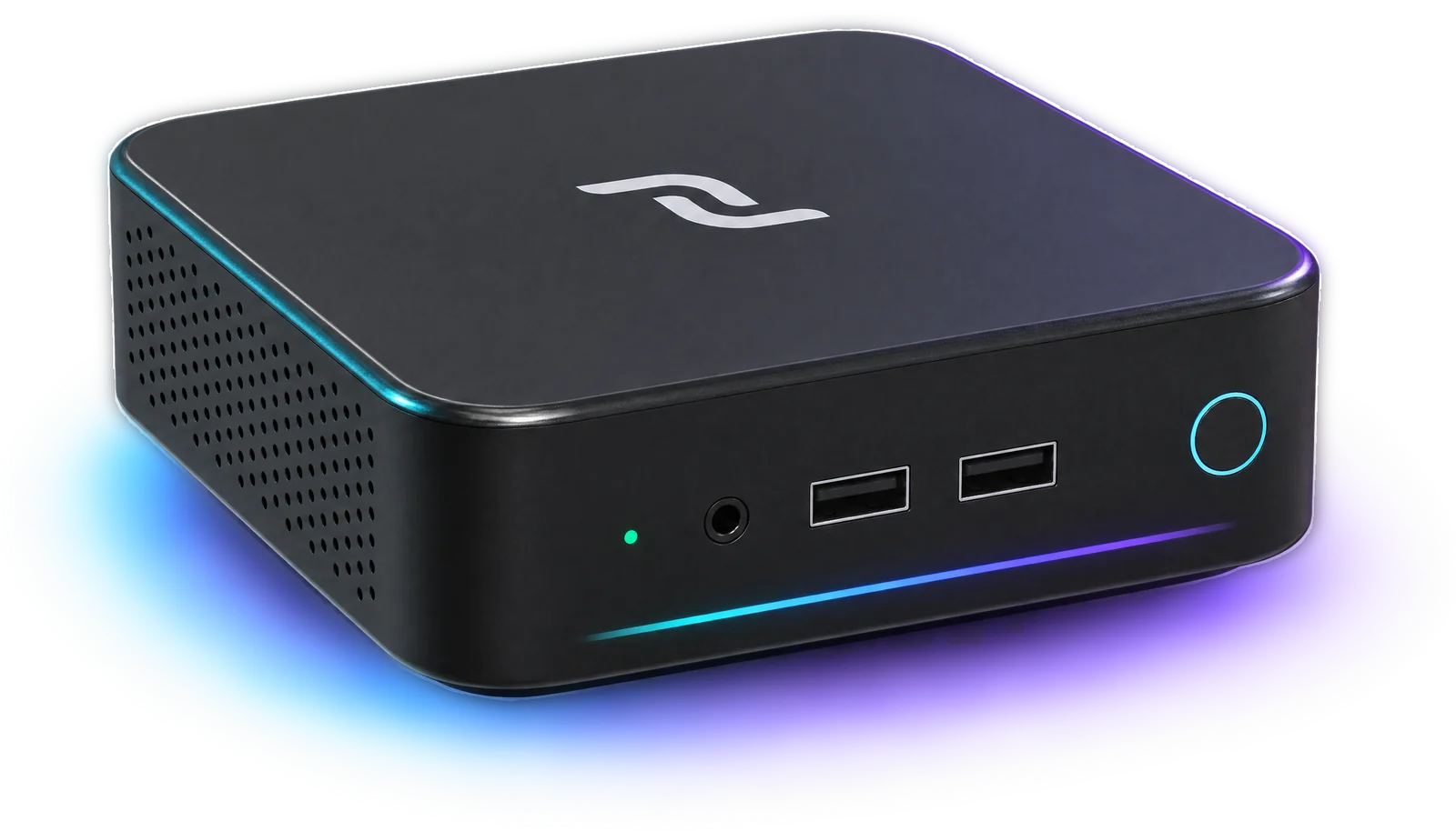 DecentralNode One, a black mini PC with the DecentralChain mark on its lid and a cyan-to-violet light bar across the front